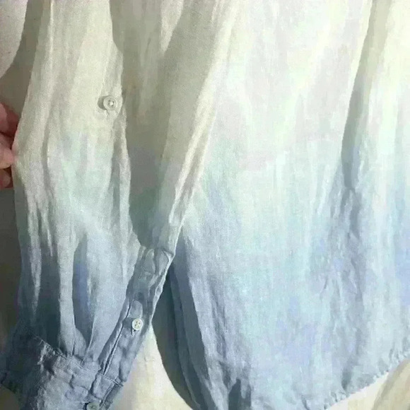 Talbots 100% Linen Beach Ombré Dip Dye Blue Tunic Roll Tab Sleeves Size Medium - Picture 8 of 10